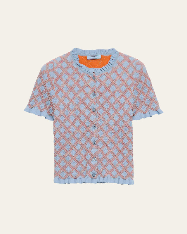 Smocked Knit Diamond-Embroidered Top